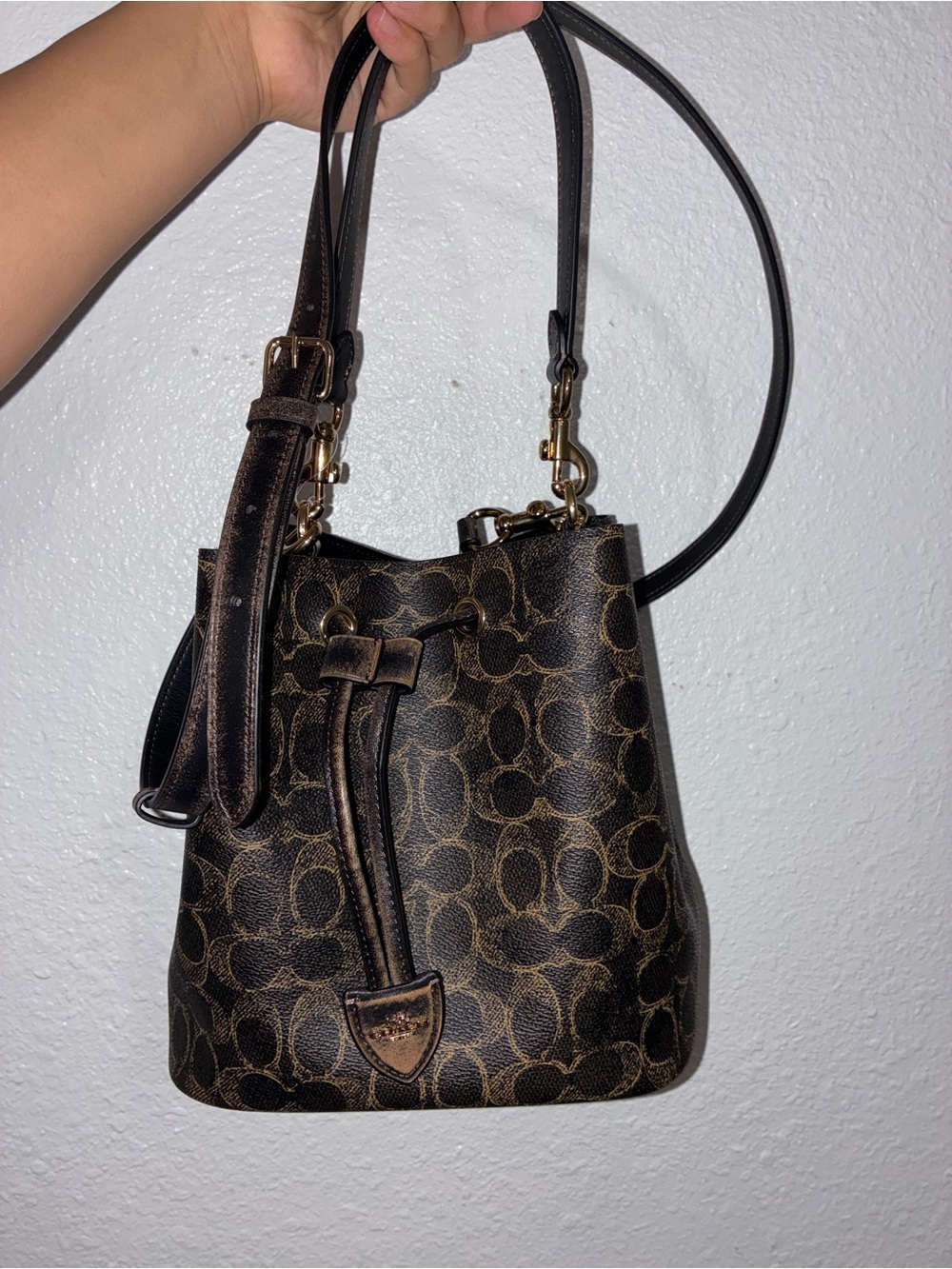 Coach Brown Signature Drawstring Crossbody Bucket Bag with Gold Hardware